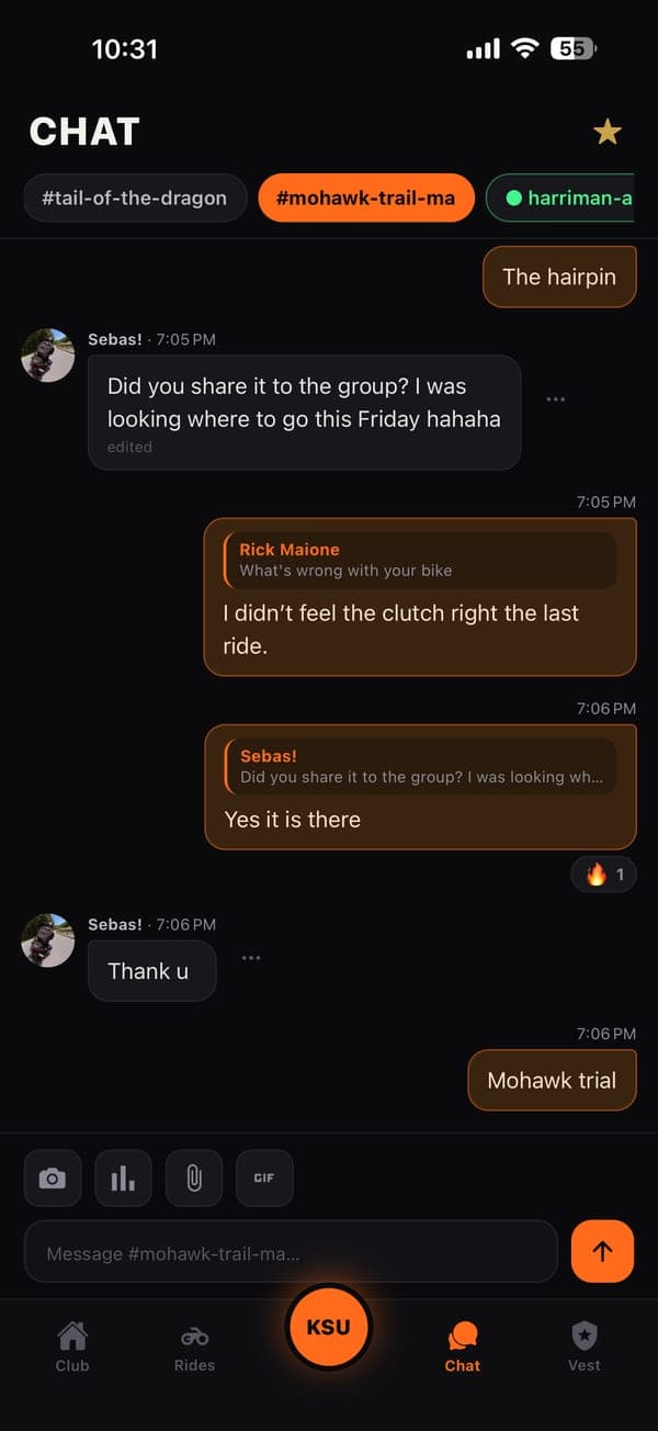 Club chat with a channel per ride, quoted replies and reactions