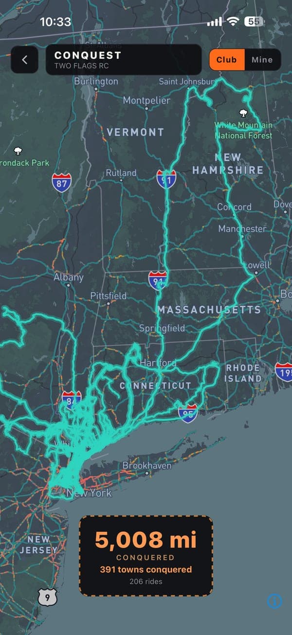 The club's conquest map: 5,008 miles and 391 towns conquered