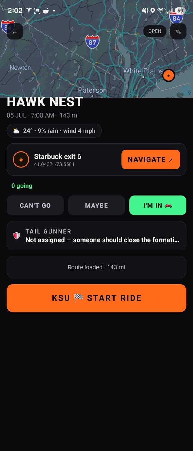 Ride detail with weather, RSVP list and KSU button