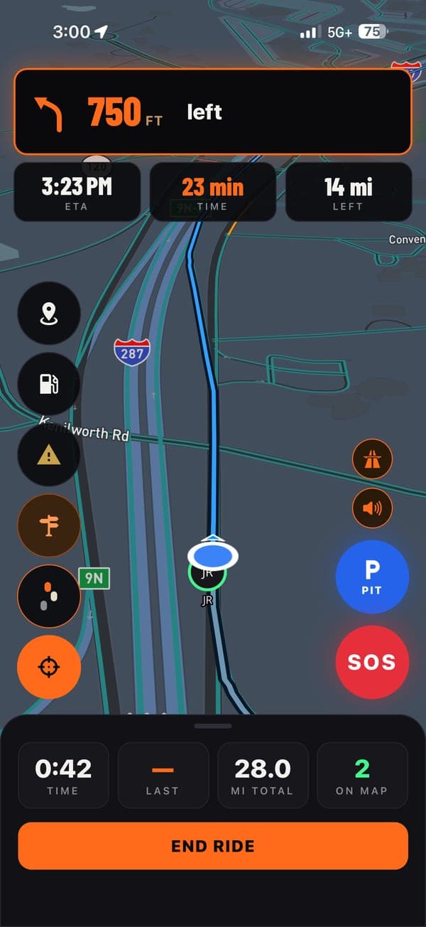 Live ride: the next turn, ETA, miles left, the pack on the map, PIT and SOS