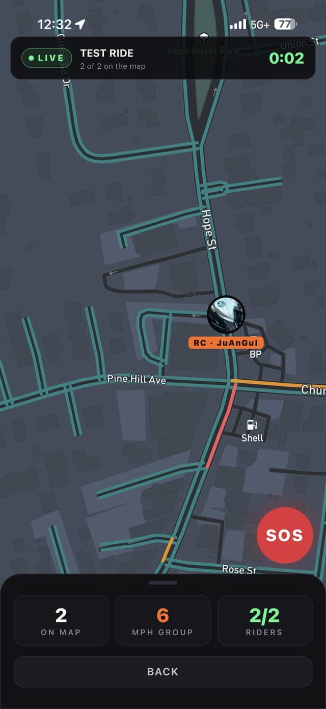 Live map: 2 of 2 riders on the map with the road captain leading