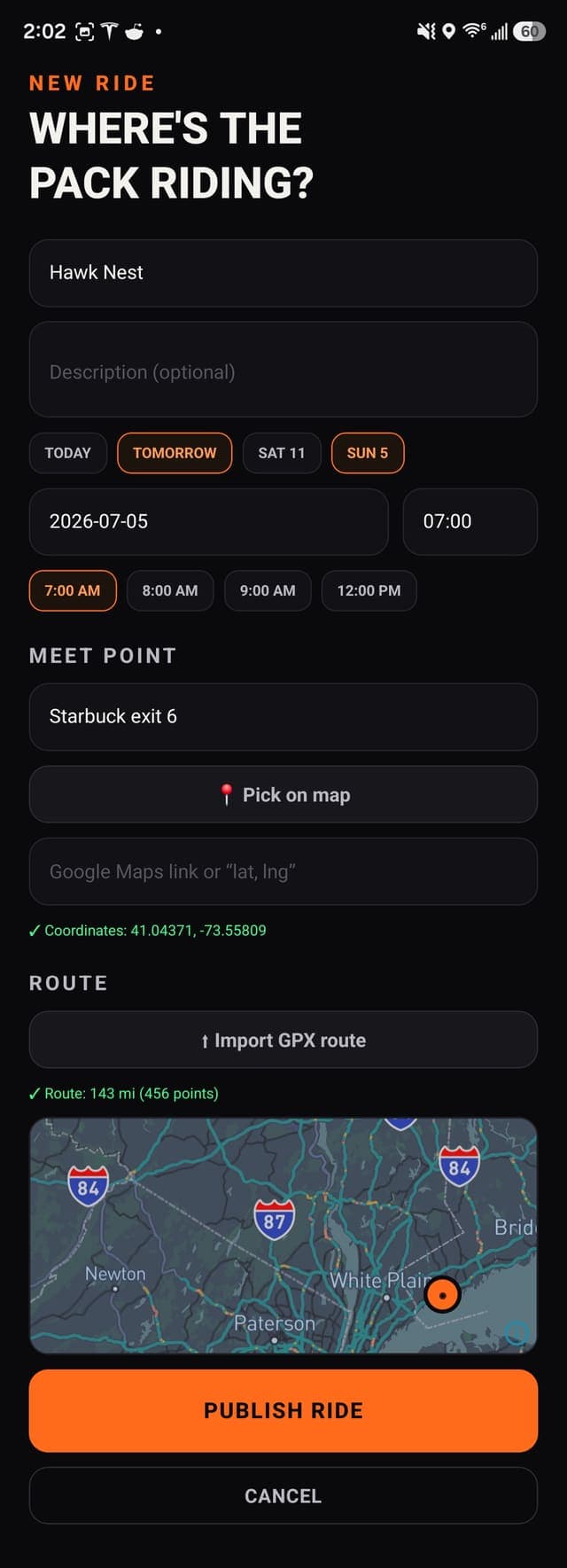 Create ride screen with GPX route