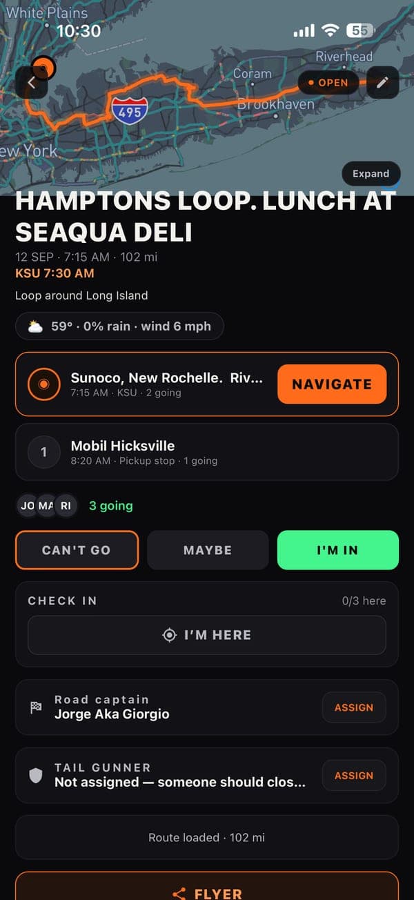 Ride detail: weather, meet point, who's going, check-in, road captain and tail gunner