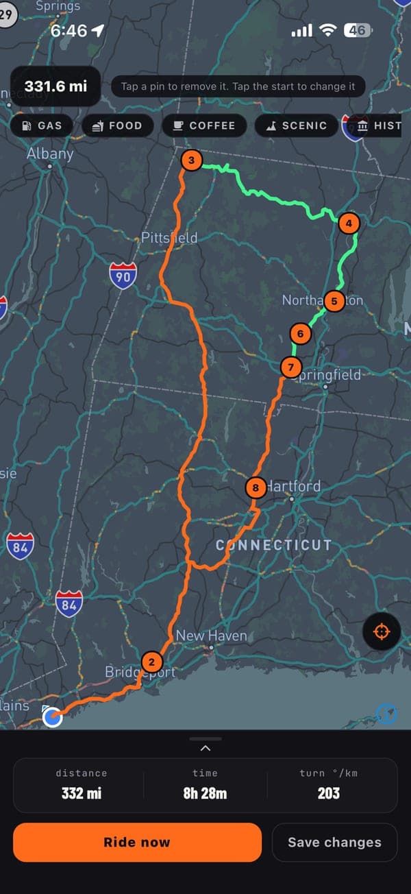Route designer: 332 miles, numbered stops and legs tagged highway or backroad