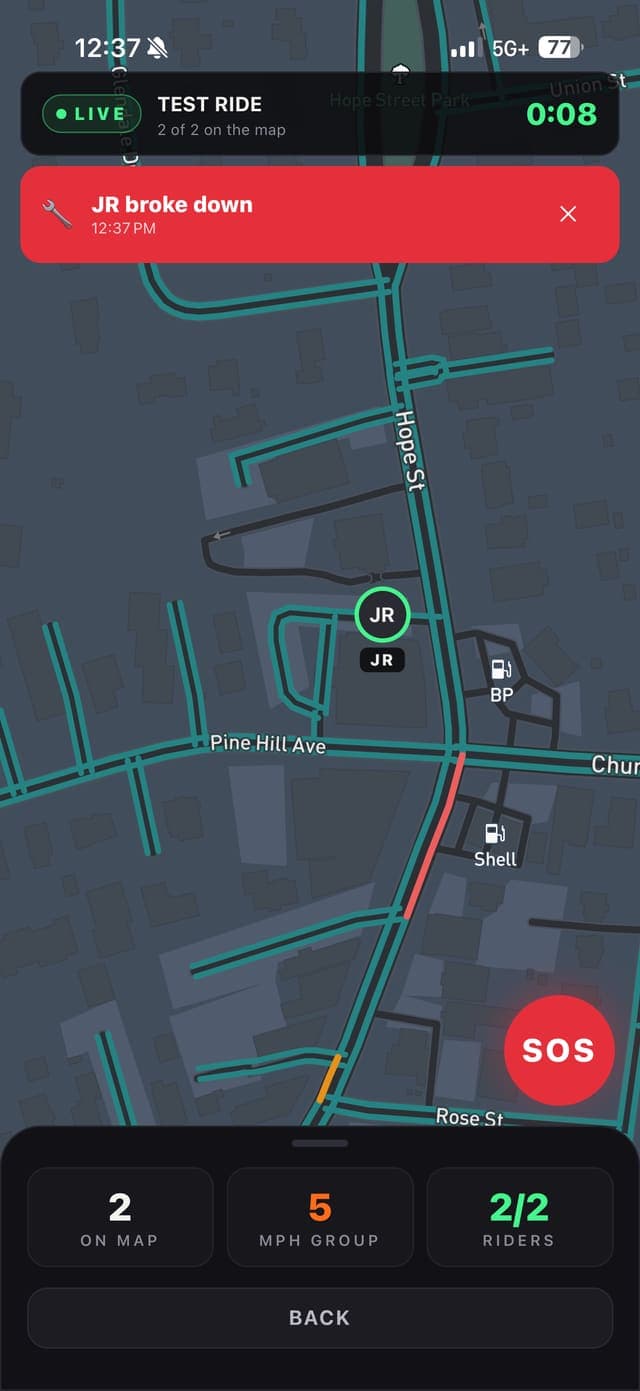 SOS alert: JR broke down — red banner with rider location