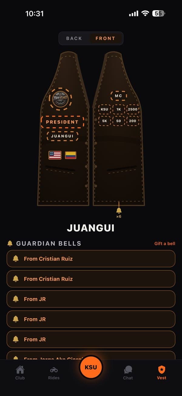 The president's vest with the rank patch, the flags and the guardian bells