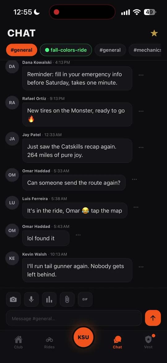 Club chat with a channel per ride