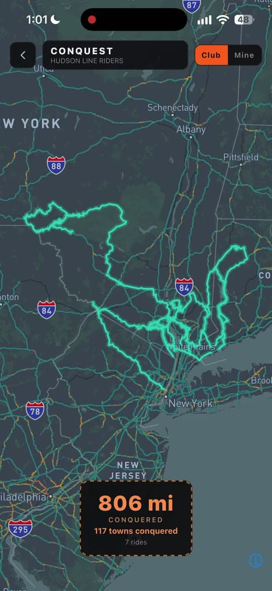The club's conquest map, a Pack Premium feature: every road the club has ridden, in one map