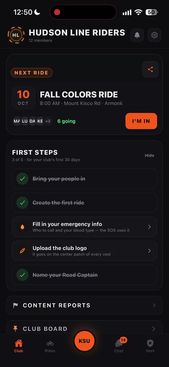 Pack in action: the club home, I'M IN, the whole pack on the live map, the ride recap and patches