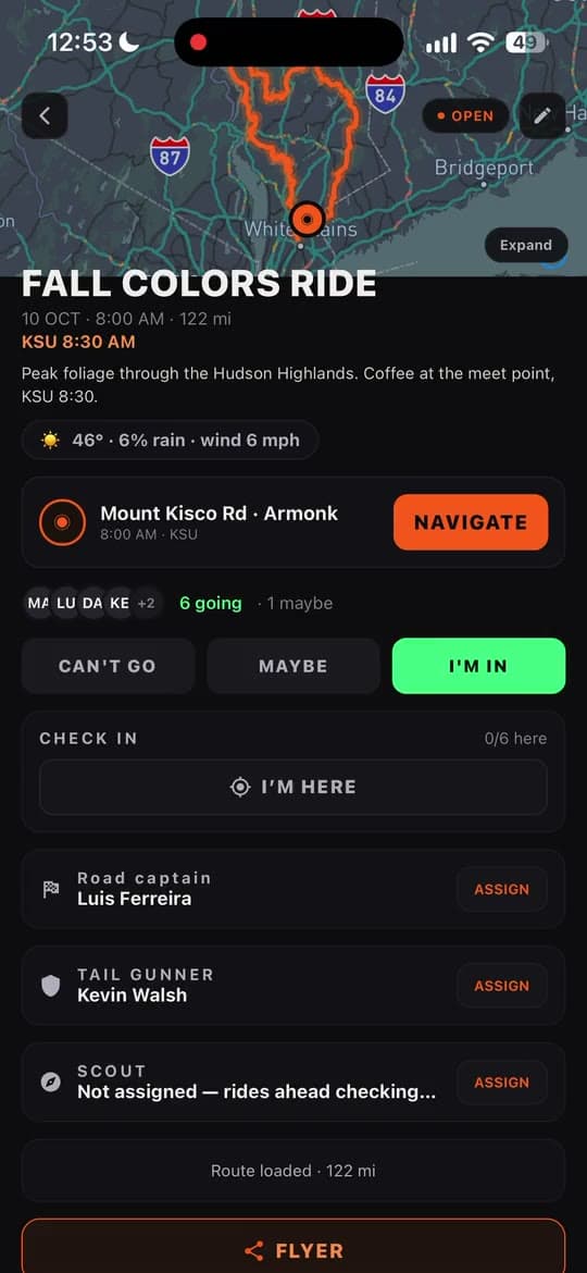 Ride detail: weather, meet point, who's going, I'M IN and the road captain, tail gunner and scout