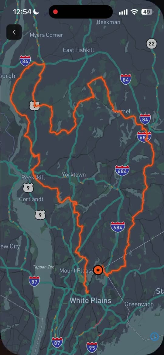 The ride's route on the map, a 122-mile loop through the Hudson Highlands